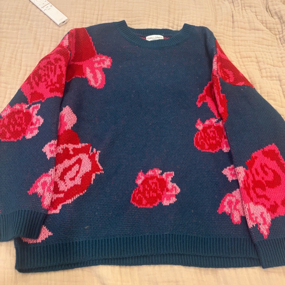 Floral Knit Sweater - Navy and Pink